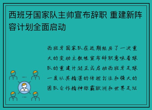 西班牙国家队主帅宣布辞职 重建新阵容计划全面启动