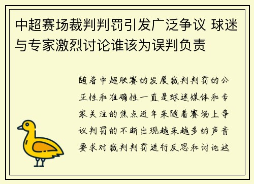 中超赛场裁判判罚引发广泛争议 球迷与专家激烈讨论谁该为误判负责