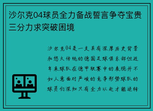 沙尔克04球员全力备战誓言争夺宝贵三分力求突破困境