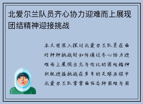 北爱尔兰队员齐心协力迎难而上展现团结精神迎接挑战