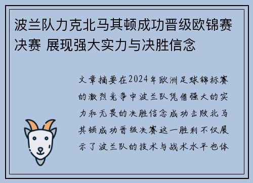 波兰队力克北马其顿成功晋级欧锦赛决赛 展现强大实力与决胜信念