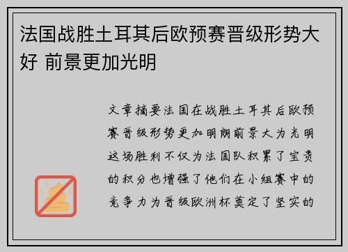法国战胜土耳其后欧预赛晋级形势大好 前景更加光明