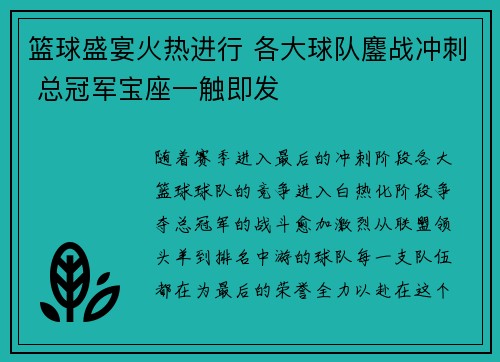 篮球盛宴火热进行 各大球队鏖战冲刺 总冠军宝座一触即发